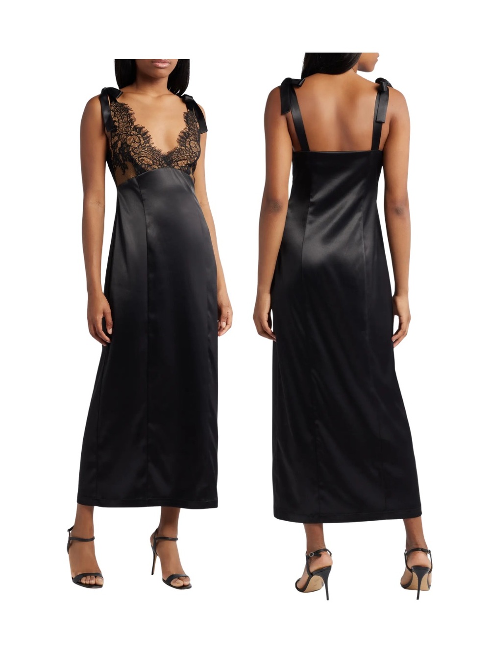 WAYF Almera Black Lace Satin Midi Cocktail Dress Side Bows Size 8